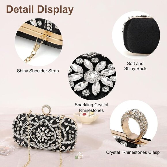 🆕Women Black Beaded Polyester Evening Bag Rhinestone Clutch Shoulder Handbag - Picture 3 of 7